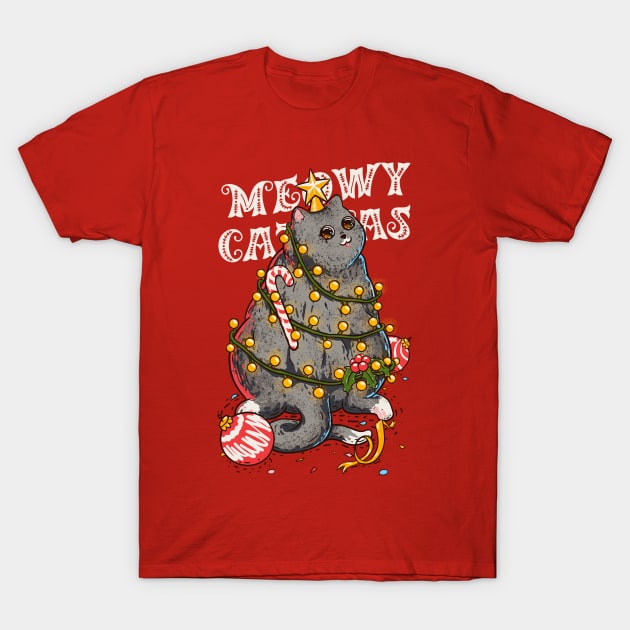 Meowy Catmas - Meowy Christmas Cat tree T-Shirt by anycolordesigns